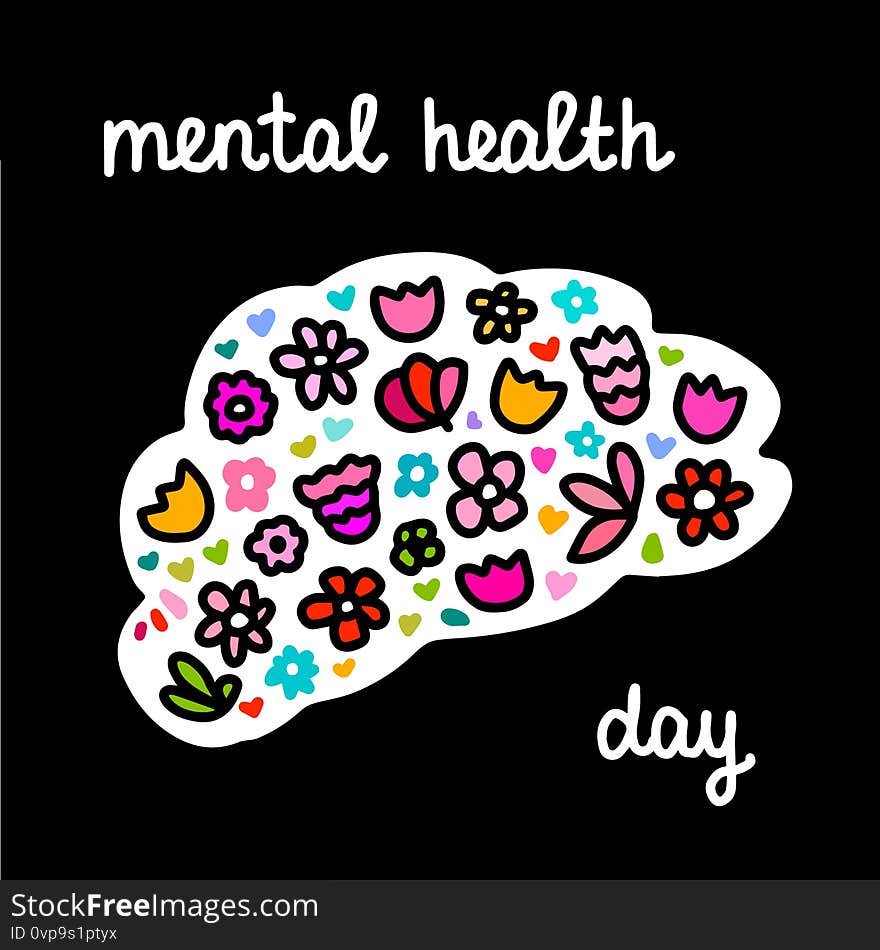 Mental health hand drawn vector illustration logotype neurology disease awareness day flowers blooming inside brain black