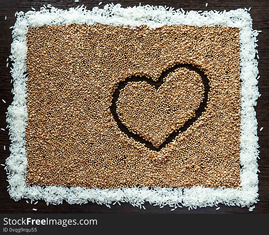 Brown buck-wheat rectangle framed with white rice.