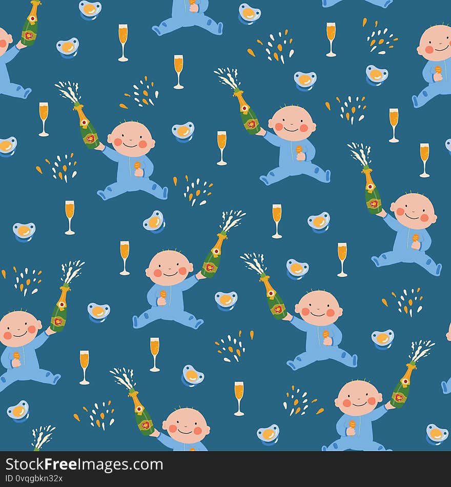 Baby shower boy seamless vector pattern. Baby boy holding a bottle of champagne, Wine flutes and pacifiers repeating