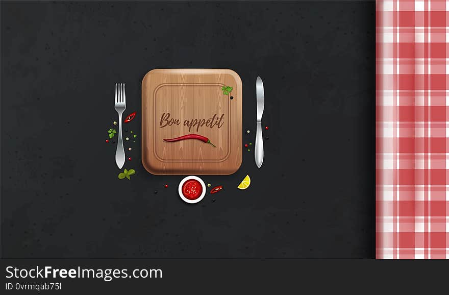 Table with a checkered tablecloth view from above. Bon appetit lettering. Kitchen table. Table setting. Top view. Vector illustration