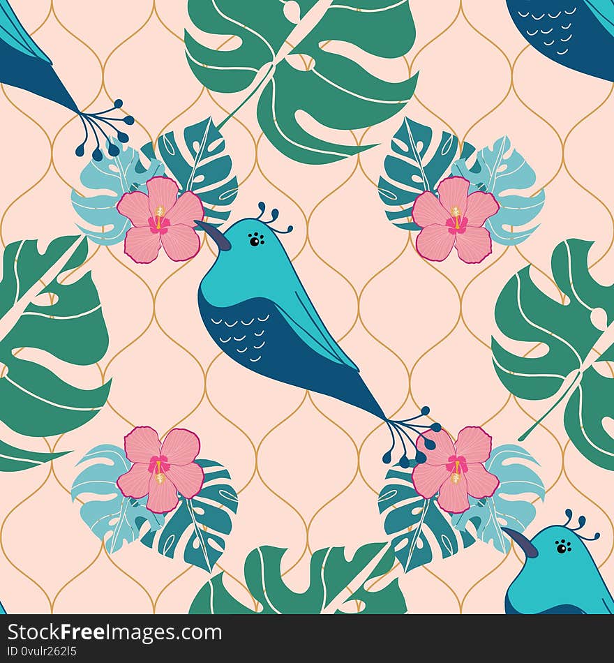 Seamless tropical pattern with abstract birds, leaves and flowers illustration