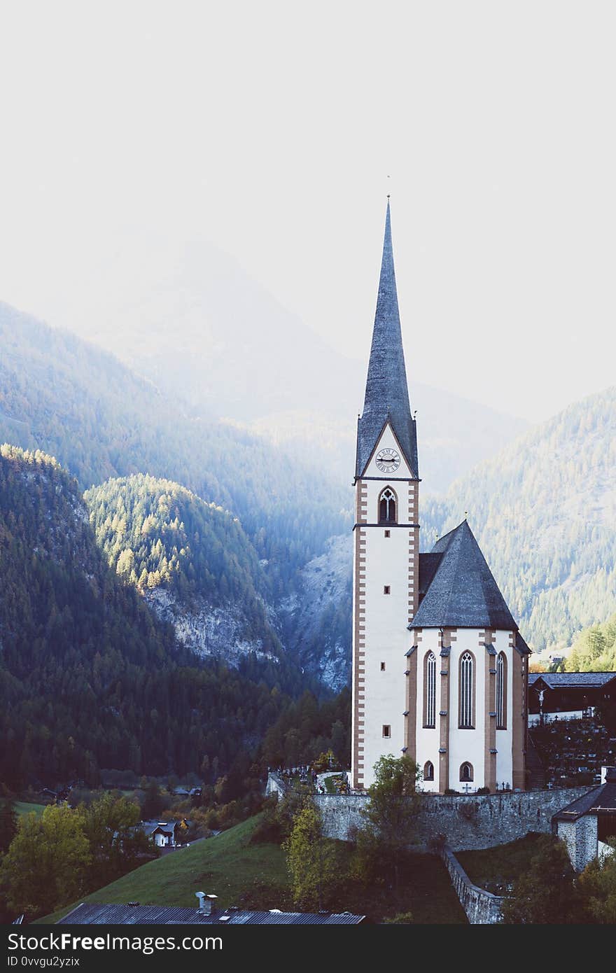 Famous church at the Heiligenblut town at the austrian alpine Grossglockner road  at the autumn day