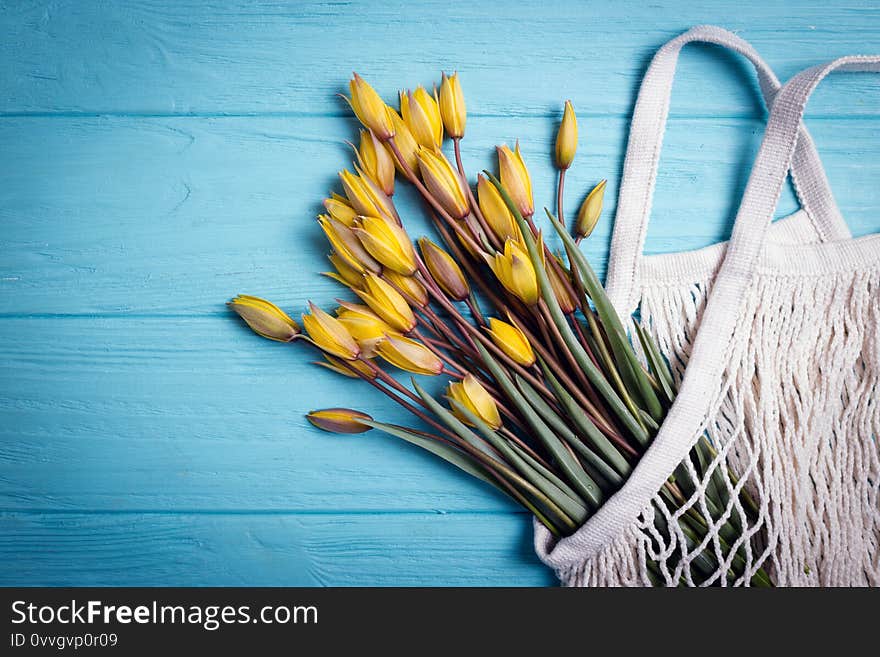 Mesh bag and sprigs of wild yellow tulips