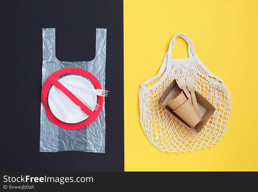 Stop sign on a plastic dishes. The transition to the use of ecological utensils