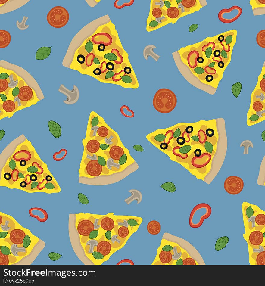 Pizza with vegetables seamless pattern on blue background