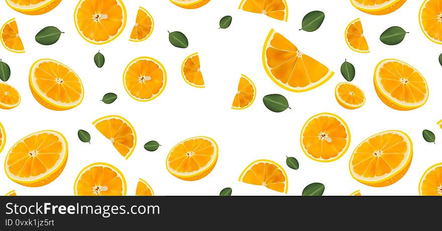 Fresh Orange pattern with green leaf. Fresh orange slices on white background. Orange close-up. Realistic Vector illustration.