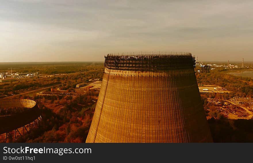 Chernobyl`s Cooling Towers, Aerial View, Beautiful Landscape