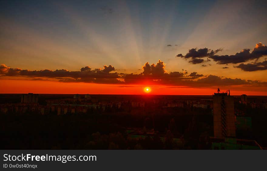 Sunset over Pripyat, Chernobyl, Aerial View