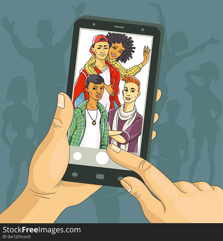 Cartoon. Hands holding a mobile phone with photos of happy friends. Boys and girls are displayed on the screen. A group of people happily posing for a selfie, photographing themselves. Silhouettes of teenagers are visible in the background. Cartoon. Hands holding a mobile phone with photos of happy friends. Boys and girls are displayed on the screen. A group of people happily posing for a selfie, photographing themselves. Silhouettes of teenagers are visible in the background