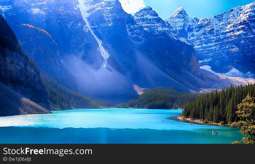 Moraine Lake is a glacially fed lake in Banff National Park, 14 kilometres outside the Village of Lake Louise, Alberta, Canada. It is situated in the Valley of the Ten Peaks, at an elevation of approximately 1,884 metres. The lake has a surface area of 50 hectares. Moraine Lake is a glacially fed lake in Banff National Park, 14 kilometres outside the Village of Lake Louise, Alberta, Canada. It is situated in the Valley of the Ten Peaks, at an elevation of approximately 1,884 metres. The lake has a surface area of 50 hectares.