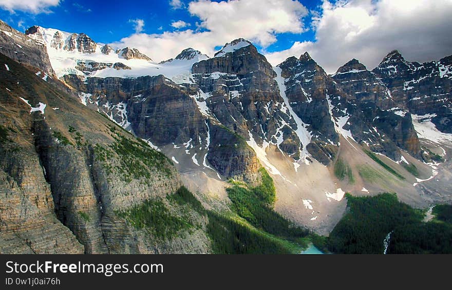 Moraine Lake is a glacially fed lake in Banff National Park, 14 kilometres outside the Village of Lake Louise, Alberta, Canada. It is situated in the Valley of the Ten Peaks, at an elevation of approximately 1,884 metres. The lake has a surface area of 50 hectares. Moraine Lake is a glacially fed lake in Banff National Park, 14 kilometres outside the Village of Lake Louise, Alberta, Canada. It is situated in the Valley of the Ten Peaks, at an elevation of approximately 1,884 metres. The lake has a surface area of 50 hectares.