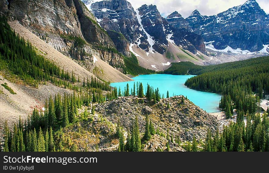 Moraine Lake is a glacially fed lake in Banff National Park, 14 kilometres outside the Village of Lake Louise, Alberta, Canada. It is situated in the Valley of the Ten Peaks, at an elevation of approximately 1,884 metres. The lake has a surface area of 50 hectares. Moraine Lake is a glacially fed lake in Banff National Park, 14 kilometres outside the Village of Lake Louise, Alberta, Canada. It is situated in the Valley of the Ten Peaks, at an elevation of approximately 1,884 metres. The lake has a surface area of 50 hectares.