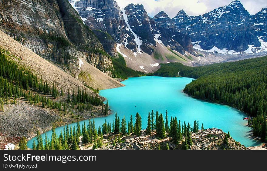 Moraine Lake is a glacially fed lake in Banff National Park, 14 kilometres outside the Village of Lake Louise, Alberta, Canada. It is situated in the Valley of the Ten Peaks, at an elevation of approximately 1,884 metres. The lake has a surface area of 50 hectares. Moraine Lake is a glacially fed lake in Banff National Park, 14 kilometres outside the Village of Lake Louise, Alberta, Canada. It is situated in the Valley of the Ten Peaks, at an elevation of approximately 1,884 metres. The lake has a surface area of 50 hectares.