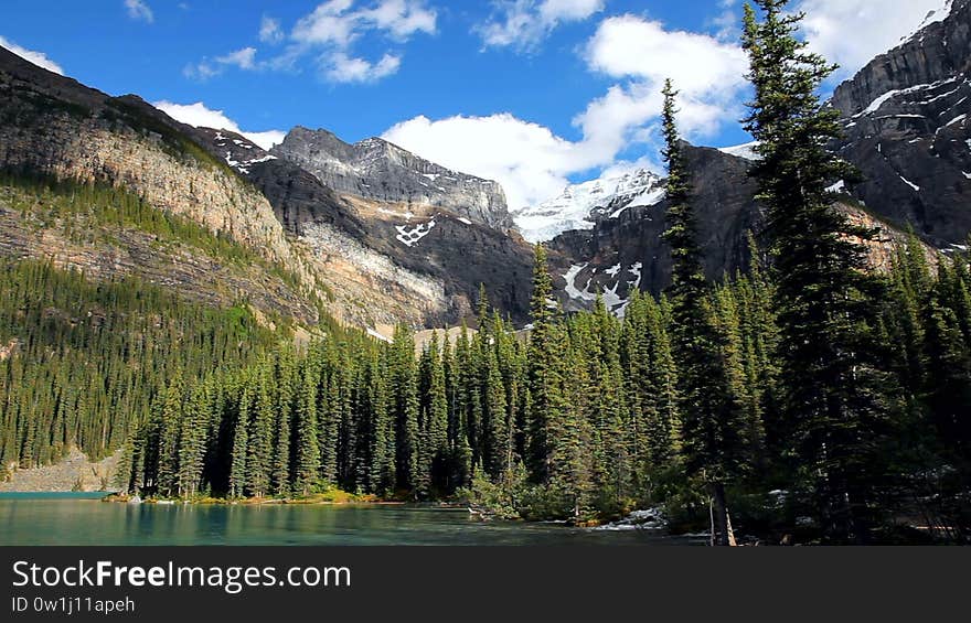 Moraine Lake is a glacially fed lake in Banff National Park, 14 kilometres outside the Village of Lake Louise, Alberta, Canada. It is situated in the Valley of the Ten Peaks, at an elevation of approximately 1,884 metres. The lake has a surface area of 50 hectares. Moraine Lake is a glacially fed lake in Banff National Park, 14 kilometres outside the Village of Lake Louise, Alberta, Canada. It is situated in the Valley of the Ten Peaks, at an elevation of approximately 1,884 metres. The lake has a surface area of 50 hectares.