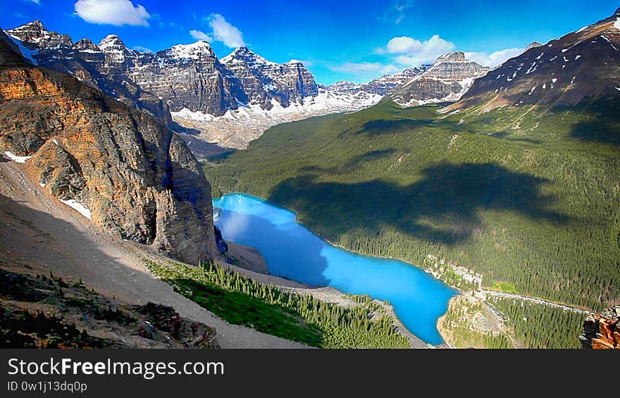 Moraine Lake is a glacially fed lake in Banff National Park, 14 kilometres outside the Village of Lake Louise, Alberta, Canada. It is situated in the Valley of the Ten Peaks, at an elevation of approximately 1,884 metres. The lake has a surface area of 50 hectares. Moraine Lake is a glacially fed lake in Banff National Park, 14 kilometres outside the Village of Lake Louise, Alberta, Canada. It is situated in the Valley of the Ten Peaks, at an elevation of approximately 1,884 metres. The lake has a surface area of 50 hectares.