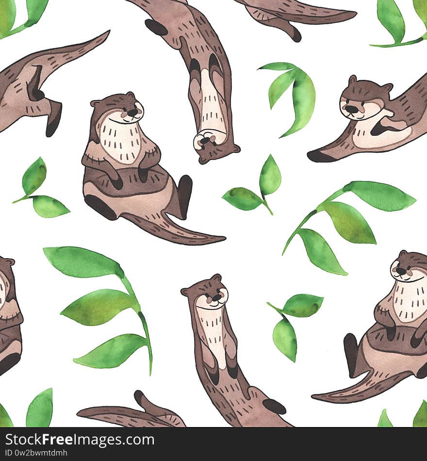 Otter watercolor pattern. Seamless pattern of cute hand drawn animal with green plants on white background