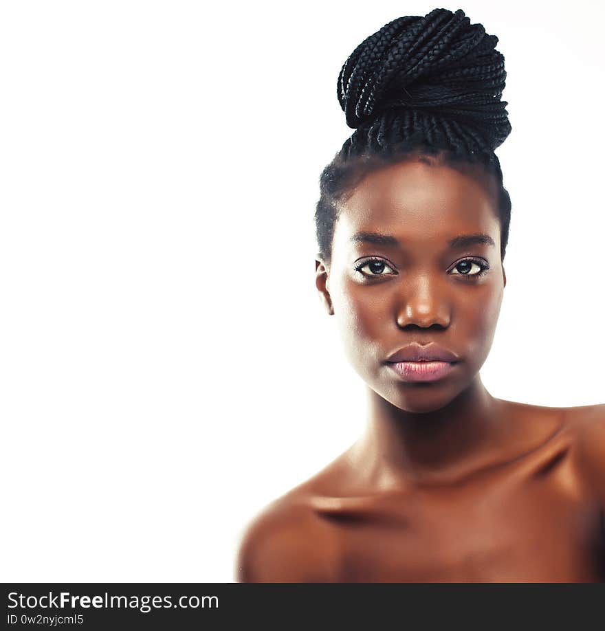 Young Pretty African American Woman With Natural Makeup Taking Care Of Her Skin  On White Background