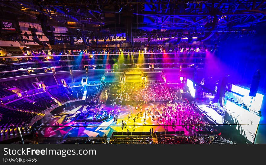 Big Concert with Huge Stage & Screens for Crowd with light show multi colored lights. Big Concert with Huge Stage & Screens for Crowd with light show multi colored lights