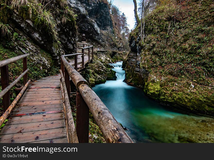 The famous Vintgar gorge Canyon with wooden pats in the natural Park Triglav, Slovenia