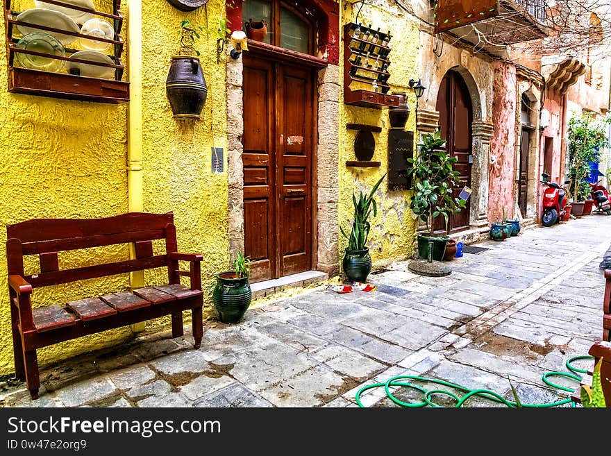 Colorful traditional Greece series - narrow streets in old town of Rethymno, Crete island. Colorful traditional Greece series - narrow streets in old town of Rethymno, Crete island