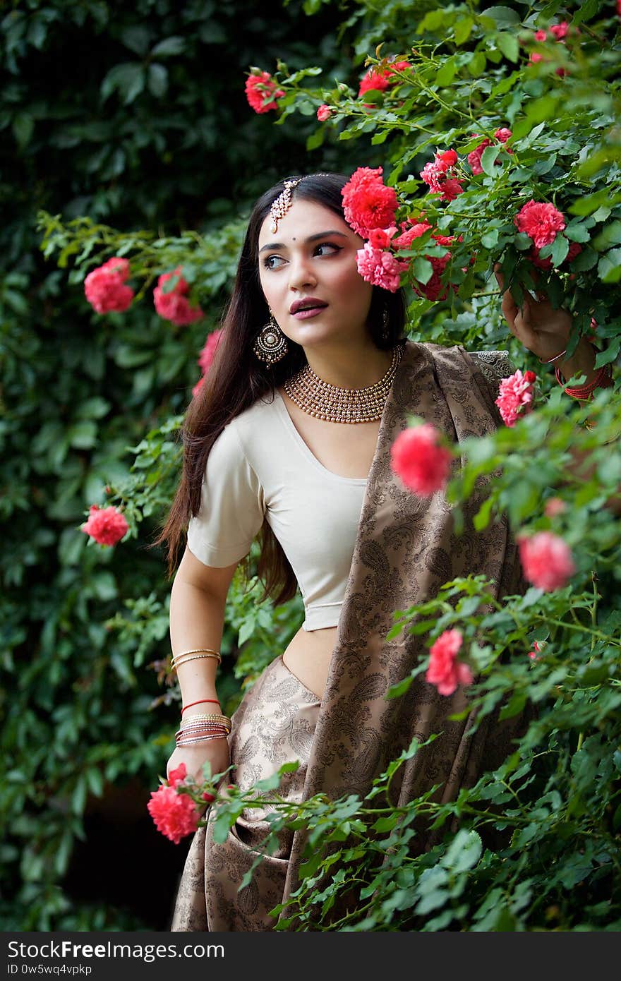 The girl, dressed in a Sari of Indian culture