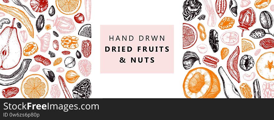 Dried fruits and nuts banner. Hand drawn dehydrated fruits sketches. Vintage nuts illustrations. For vegan food, snacks, healthy