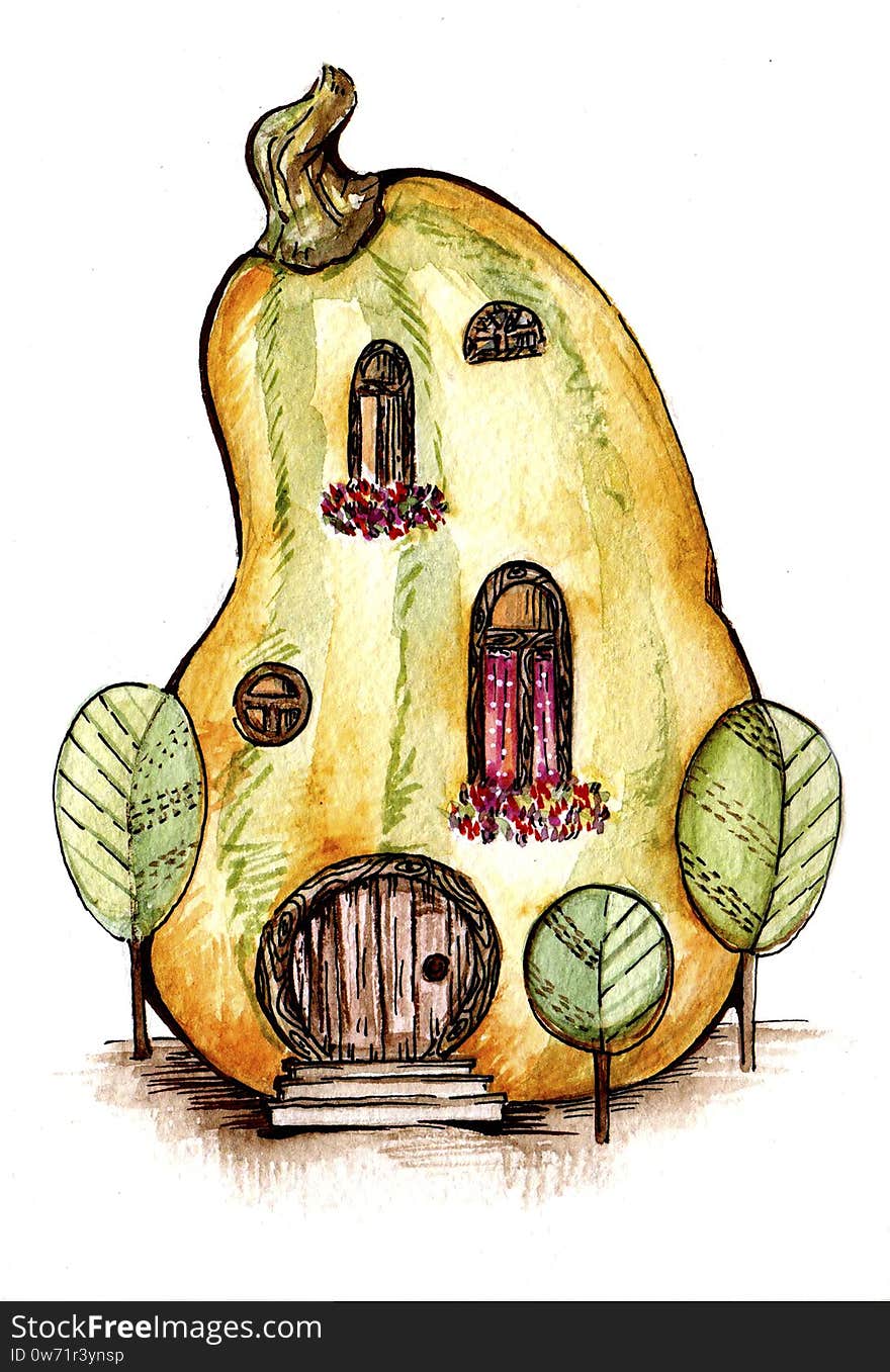 Pumpkin House Watercolor Illustration On White Background