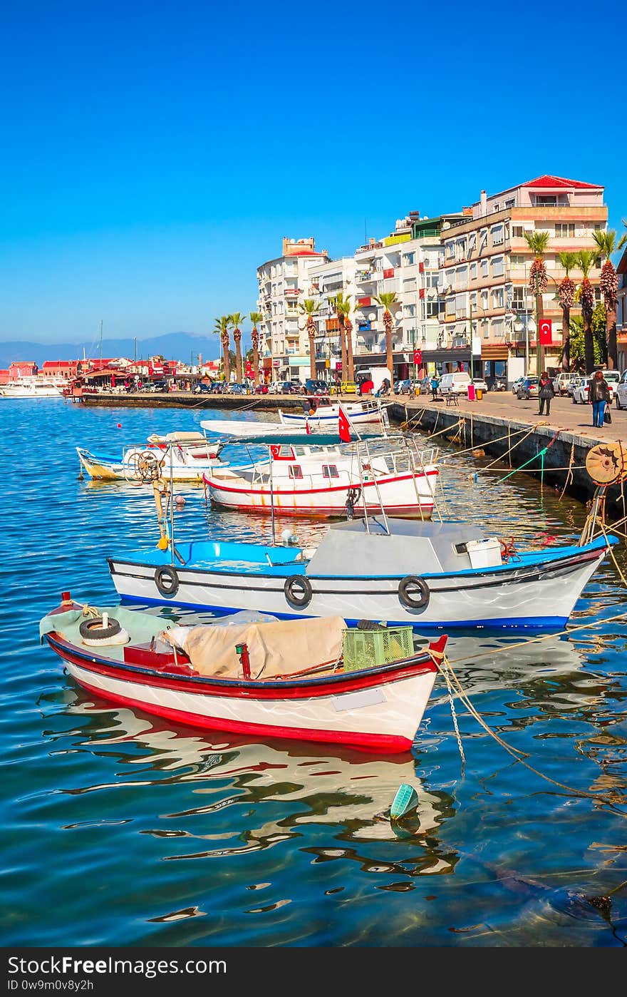 Beautiful sea landscape with boats in city Ayvalik, Turkey. Summer in wonderful Turkey