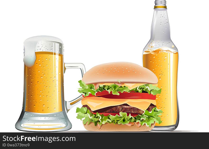 Beer and burger vector illustration on white background