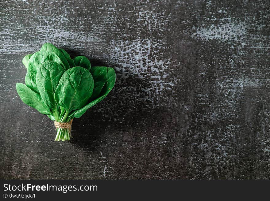 Fresh Spinach Leaves Bouquet . gray background. Copy space. Vegetarian diet concept. Green vegetables. Healthly food