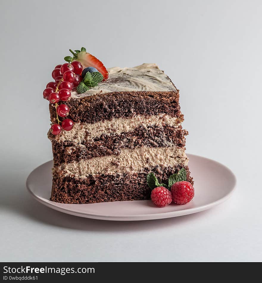 Slice of chocolate sponge cake on a white plate with cream and berries side view