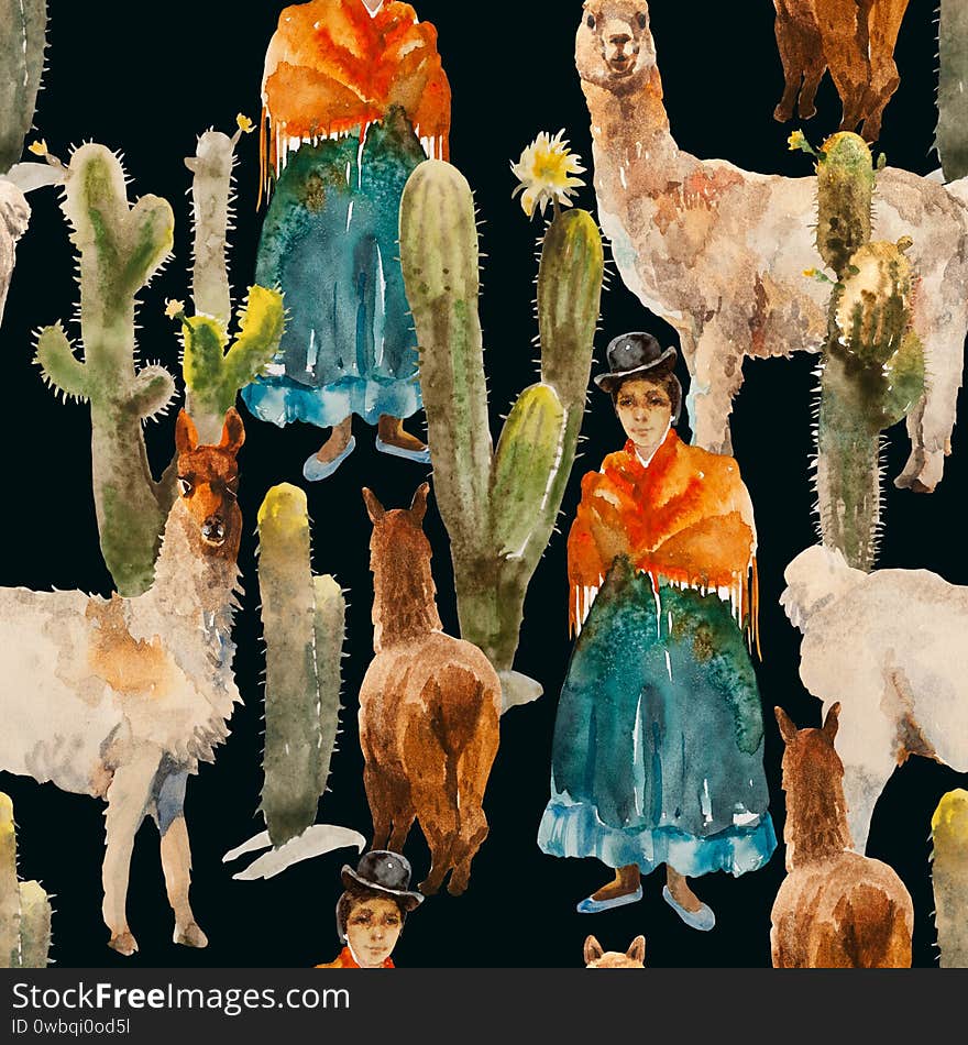 Seamless watercolor pattern with cute alpacas, lamas, girl in traditional colthes and cactuses on dark background. Funny Andes illustration