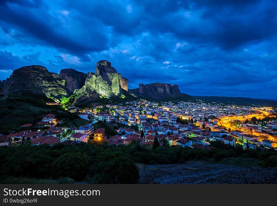 Kalambaka village in famous tourist destination Meteora in Greece in night