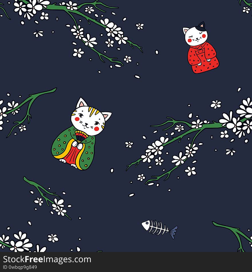 Cats in kimono and sakura blooming seamless pattern. Cats in kimono and sakura blooming seamless pattern.