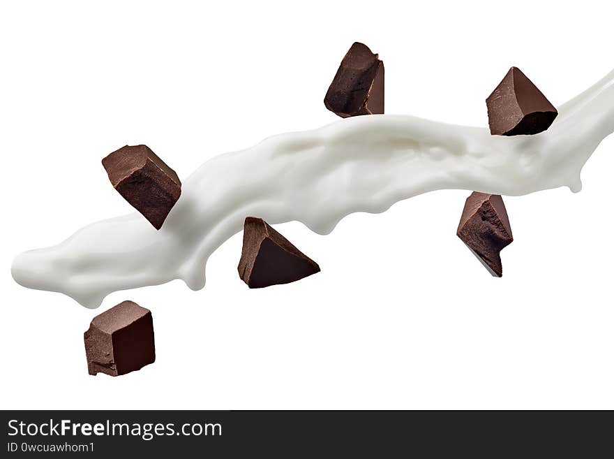 Close up of a chocolate pieces and milk  on white background. Close up of a chocolate pieces and milk  on white background