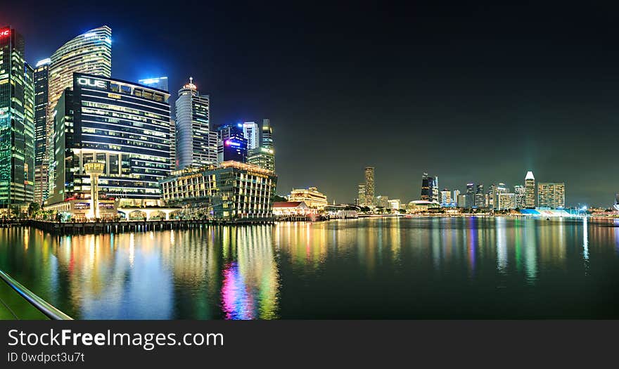 SINGAPORE, SINGAPORE - CIRCA SEPTEMBER, 2017:  Skyline of Singapore City by night, Singapore