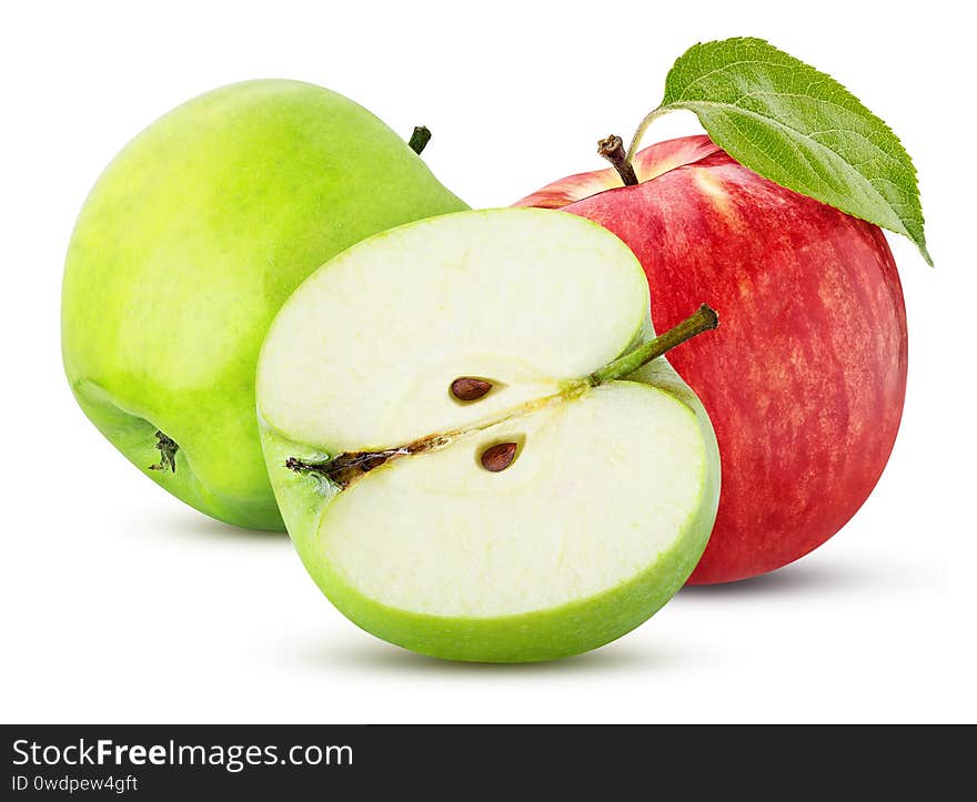 Three green red apple sliced isolated on a white background with clipping path