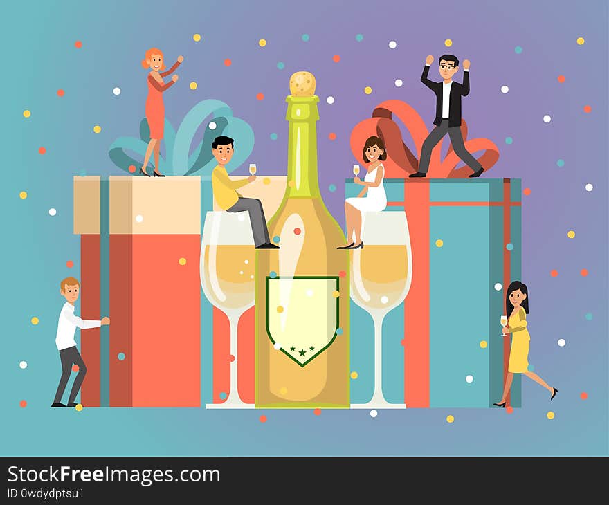 Tiny character male female celebrating party, bottle champagne gift box and glass alcohol isolated on background flat vector illustration. People together commemorate holiday carefully time.