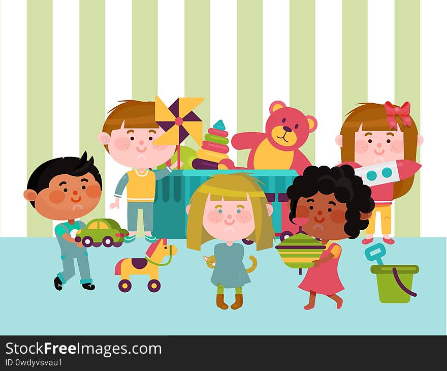 Toy room place, children character play different plaything flat vector illustration. Playground area for rest child