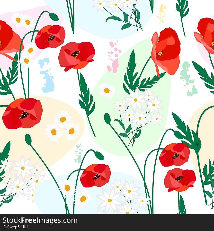 Seamless pattern of poppy and daisies flowers on white background for textile, wallpaper, vector illustration. Seamless pattern of poppy and daisies flowers on white background for textile, wallpaper, vector illustration