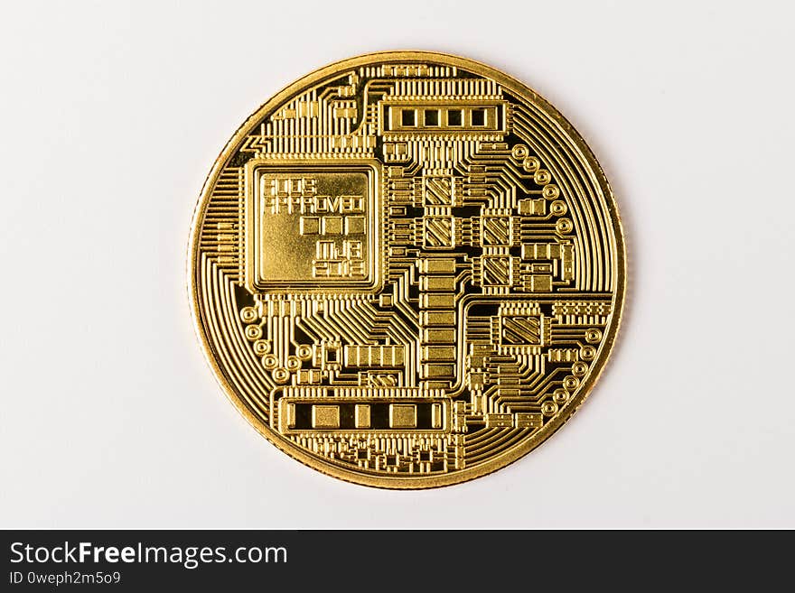 Gold Bitcoin In On White  Backgroud. Business, Money, Cryptocurrency Concept