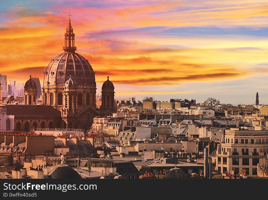 Roof of Paris, World heritage site, under a gloomy warm sunset lights, France. Roof of Paris, World heritage site, under a gloomy warm sunset lights, France
