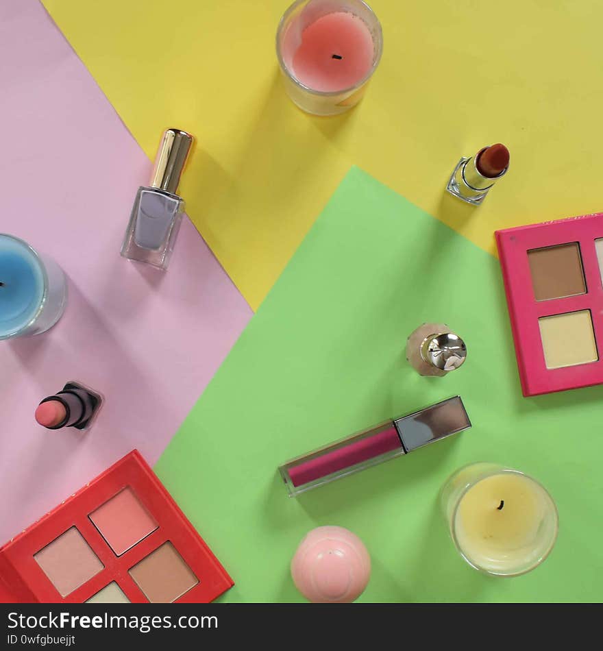 Flat lay of cosmetics and make up products