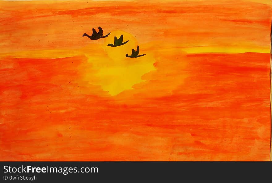 A watercolor drawing of a birds moving through the sun in the atmosphere of a sunrise.