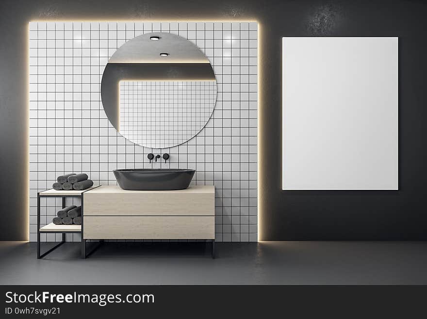 Modern bathroom with mirror and blank white banner on wall