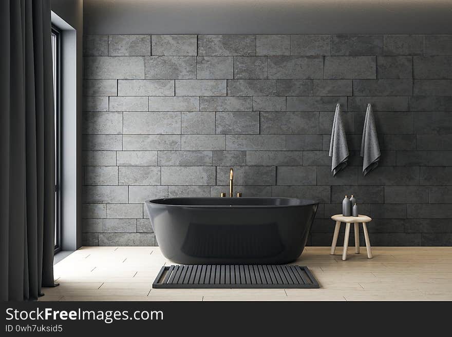 Minimalistic gray bathroom interior with decorative objects. Style and hygiene concept. 3D Rendering