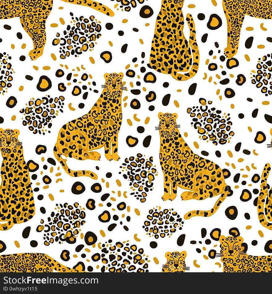 Leopard animal seamless pattern. Tropical plant leaves background