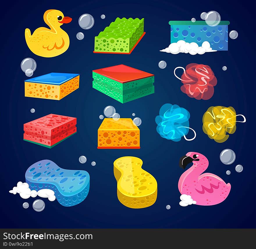 Set of colourful sponges for bathroom wash vector illustration. Different shapes and types of loofah cartoon design. Funny yellow duck and pink flamingo. Hygiene concept. Isolated on blue background