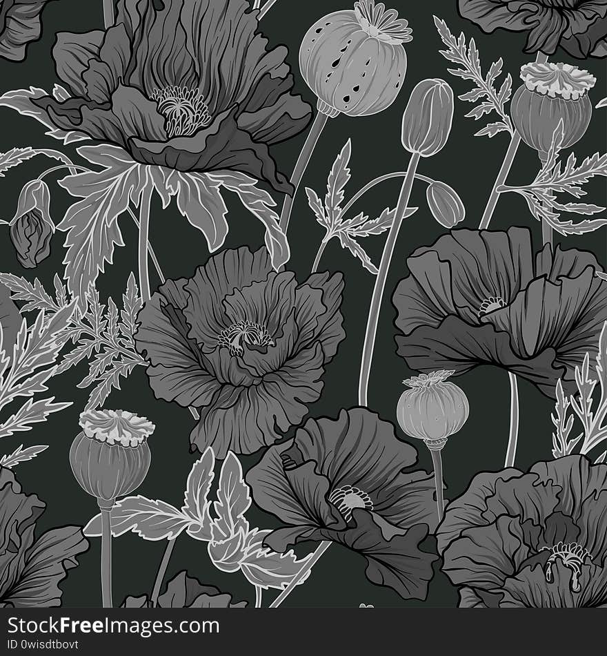 Seamless pattern, background with miraculous, hallucinogenic plants in botanical style in monochrome gray color. Vector illustration