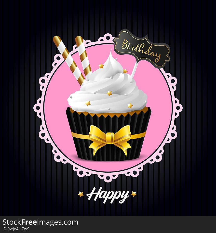 Square banner and sweet cupcake with white icing, wafer tubes on a pink background. Suitable for flyer, gift card.